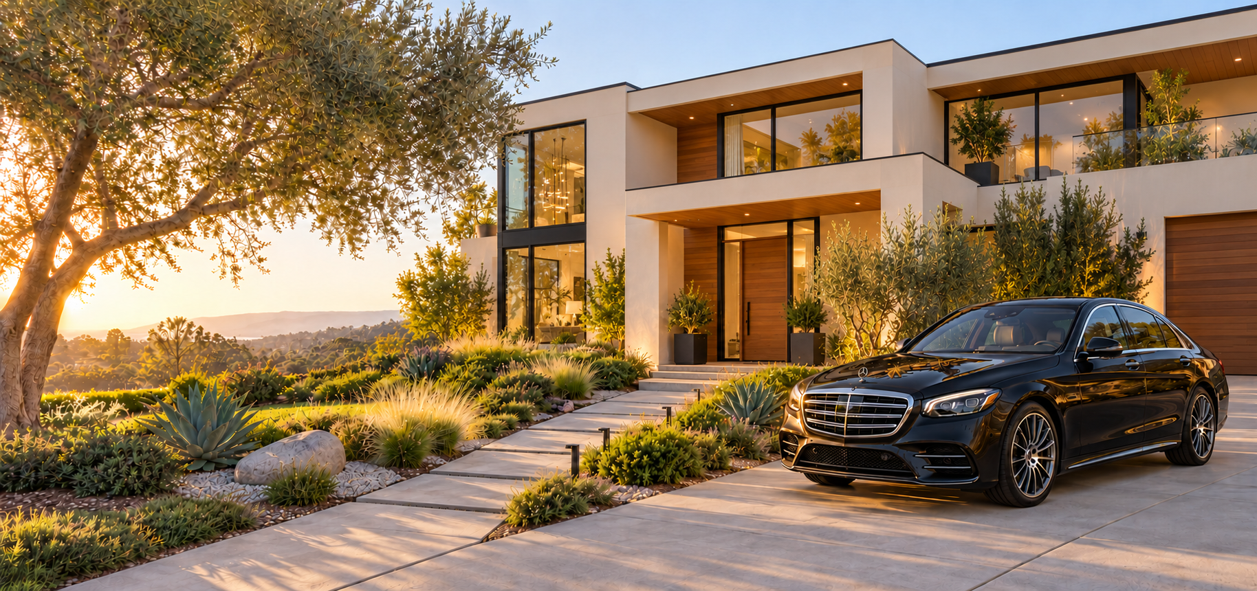 Illustrative modern Southern California home with a black Mercedes in the driveway